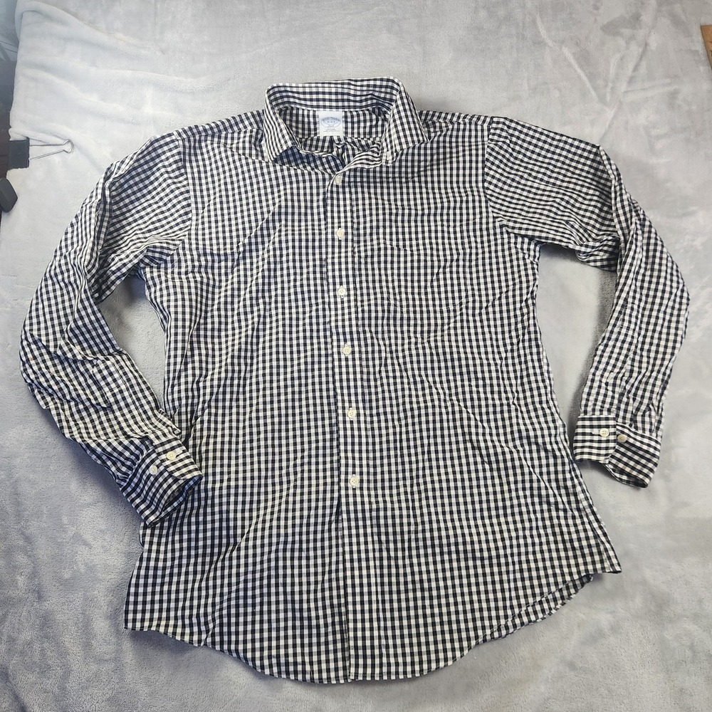 Brooks Brothers Mens Black Gingham Slim Fit Non Iron Supima Cotton 16 4/5 Preppy